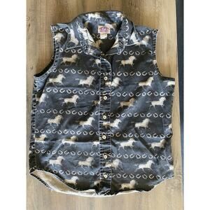 Vintage Barn Fly Women's Button Up Shirt Sleeveless Black Horses Horseshoe USA S